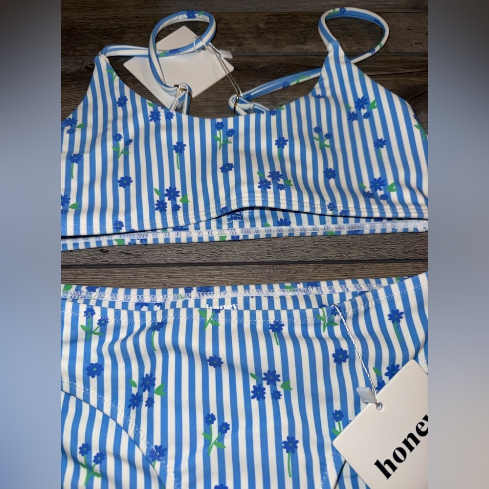 Honey Swim Blue and White Striped Bikini XS NWT - Picture 2 of 4